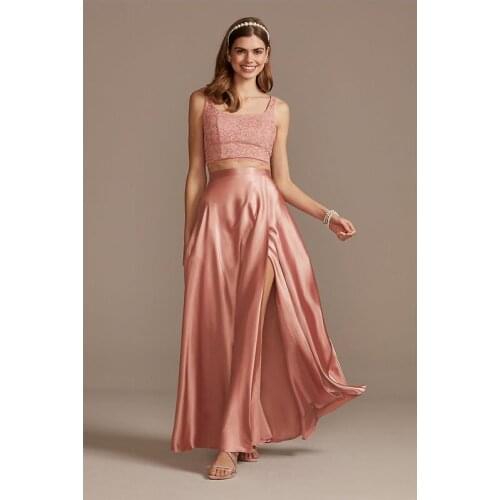 Two Piece Crop Top Lace Sleeveless Straps Party Wear Dresses for Women Zipper-up Floor-Length Glamorous 2021 New Evening Gown