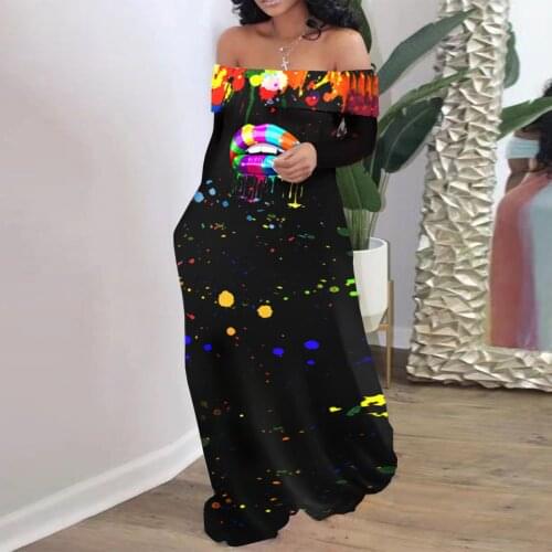 2021 Summer Sexy Rainbow Lip Print Off The Shoulder Slash Neck Maxi Dress Women Long Sleeve Bodycon Large Size Elegant Dresses