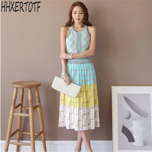 2021 summer Elegant Halter Knitted Jacquard A-line Dress Women Stretch Sexy Knitted jacquard dress Vestidos