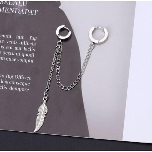 1Pc Titanium Feather Pendant Double Long Chain Leaf Earring Korean Idols Jewelry