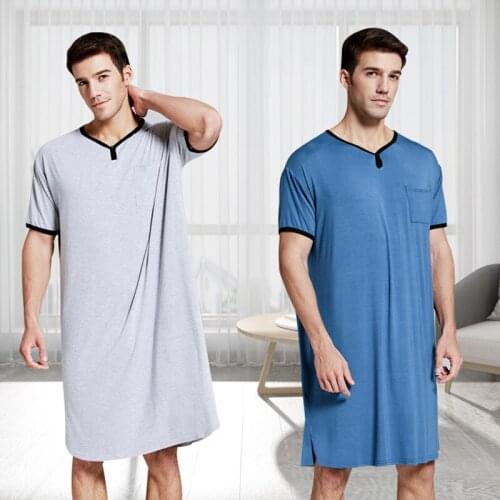 2020 Men Sleepwear Long Nightshirt Short Sleeve Soft Comfortable Loose Sleep Shirt Male Homewear Sleepshirts