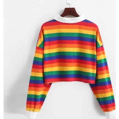 2021 Polo Shirt Women Sweatshirt Long Sleeve Rainbow Color Ladies Hoodies With Button Striped Korean Style Sweatshirt Women