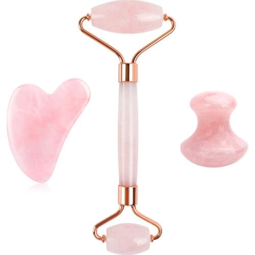 3Pcs/Set Natural Rose Quartz Jade Roller Real Jade Gua Sha Board Mushroom Massager Face Neck Lifting Tools Facial Massage Kit