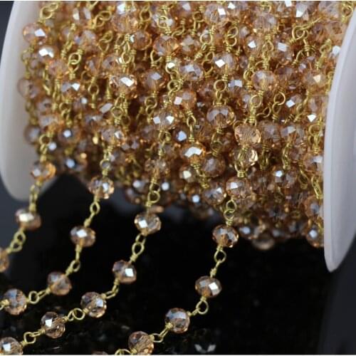 5M Faceted Rondelle Wire Wrapped Beaded Chain,Gold Plated Rosary Chain champagne Glass Beads Chain Necklace Jewelry Findings