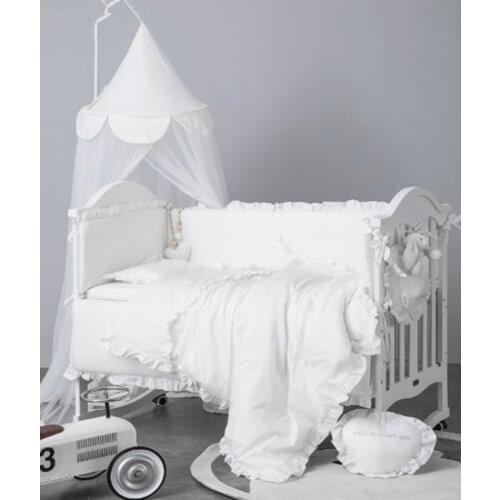 7Pcs Baby Bedding Sets Cotton Pink Newborn Protector Washable Crib Bumpers Infant Lace Duvet Cover Cot Mattress Cover Pillowcase