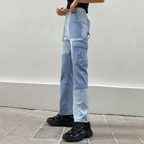 Cargo Patchwork Pants Woman Fashion High Waist Pockets Cotton Jeans Straight Female Streetwear Zipper Denim Trousers Autumn 2021