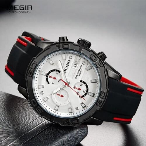 MEGIR Sports Chronograph Quartz Watches for Men Silicone Strap Military Army Luminous Wateproof Wrist Watch Relogios 2055G-BK-7