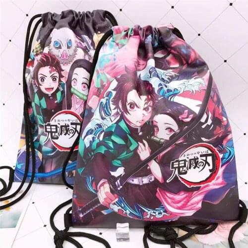 Demon Slayer Kimetsu No Yaiba PU Shoulder Drawstring Pocket Bag Anime Manga Peripherals Large Capacity Portable Small Backpack