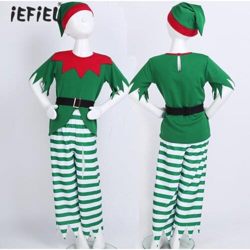 Iefiel Kids Boys Xmas Fairy Fancy Dress Cosplay Costume Christmas Party Outfit Short Sleeves Tops with Striped Pants Hat Belt