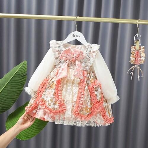 Girl Spanish Floral Dresses Kids Lolita Ball Gowns Toddler Birthday Baptism Party Dress With Hairband Children Wholesale Clothes