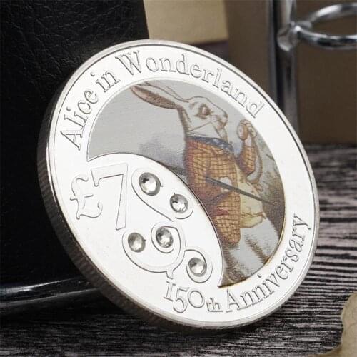 New Year Gifts Alice in Wonderland 150th Anniversary 999 Silver Plated Coin Rabbit Pocket Watch Commemorative Coins Collectibles