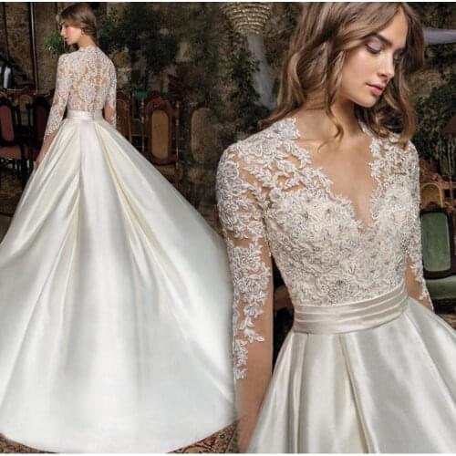 Gorgeous V-Neck Long Sleeve Sweep Train A Line Lace Satin Wedding Dress Bride Gown Vestidos De Novia vestido de noiva Customized