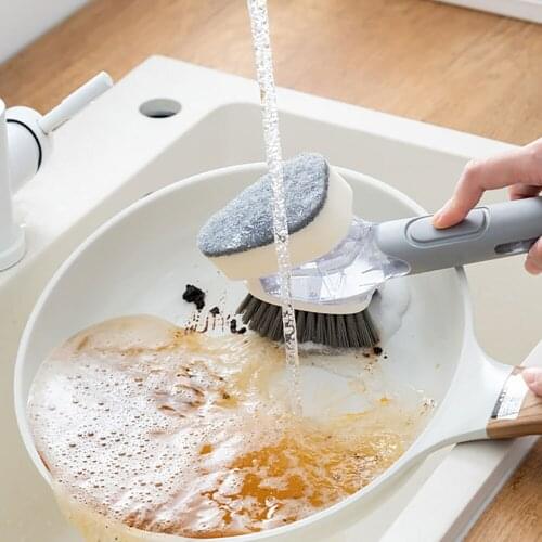Kitchen Cleaning Brush 2 In 1 Long Handle Cleaing Brush with Removable Brush Sponge Dispenser Dishwashing Brush Kitchen Tools