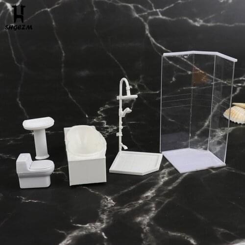 Dollhouse Miniature Bathroom Set Shower Room Toilet Bathtub Sink Model Toy Micro Bathroom Set Accessories