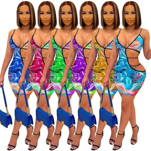 Fashion Sexy Dress Spaghetti Straps Tie Dye Print Side Hollow Out Bodycon Mini Dress Night Club Wear Outfits Vestidos Robes 2021