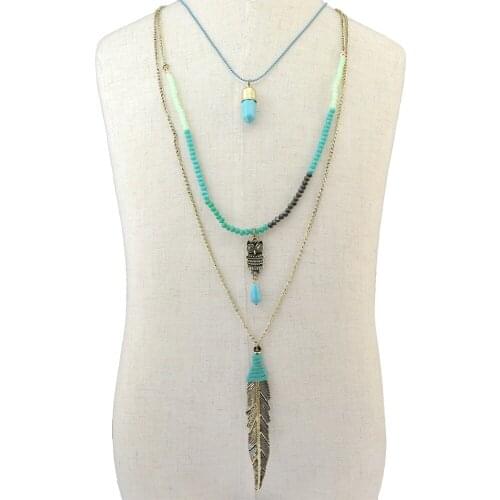 Fashion Bohemian long Tassel Owl leaf Shape Chains Multilayer Green Stone Resin Beaded pendant Necklace for Lady Ethnic Jewelry