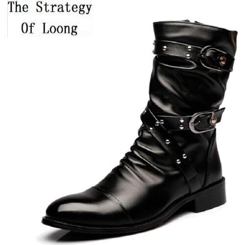 Spring Autumn Winter Pointed Toe Rivet Buckles Men Equestrian Boots Mid-Calf High Top Male Warm Punk Motorcycle Boots 190906