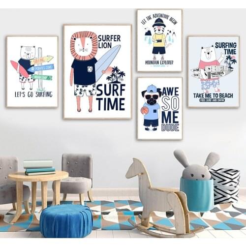 Polar Bear Lion Pug Tiger Surfboard Basketball Wall Art Canvas Painting Nordic Posters And Prints Wall Pictures Kids Room Decor