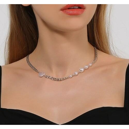 Imitation Pearls Heart Choker Necklace for Women Silver Color Clavicle Chain Female Short Necklaces 2021 Fashion Jewelry New