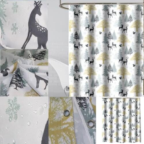 Deer Christmas Decor Trees Cartoon Bathroom Curtain Waterproof Fabric Elk Foggy Shower Curtain for Bathroom Hooks Included