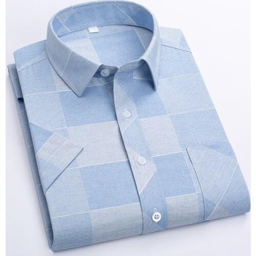 Summer Shirt Men Short Sleeve Turn-Down Collar Regular Fit Pocket Button Fashion Plaid Print Color 50% Cotton Casual Shirts