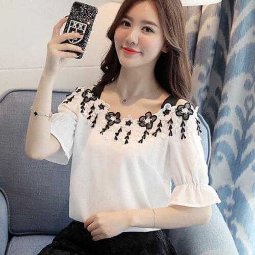 Slash Neck Women Spring Summer Style Chiffon Blouses Shirts Lady Casual Flower Appliques Short Flare Sleeve Off Shoulder Blusas