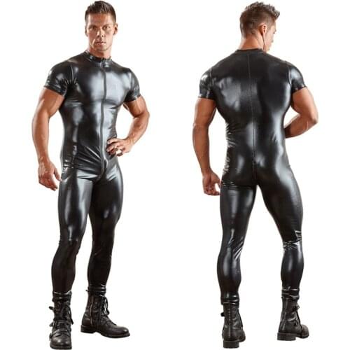 Sexy Males PU Leather Catsuit For Men Tight Skin Full Bodysuit Jumpsuit Front Zipper Open Crotch Latex Zentai Suit Costume 3XL