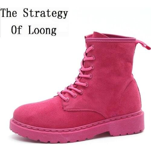 Women Autumn Winter Flock Vamp Mid-Calf Lace-up Round Toe Med Flat With Heels Non-slip Rubber Sole Short Boots 20181011