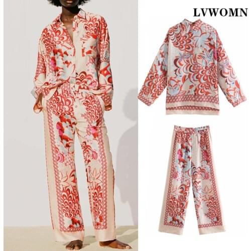 LVWOMN Za Two Piece Set Women Summer Loose Fashion Print Long Sleeve Blouse +Elastic Waist Casual High Waist Womens Wide Pants