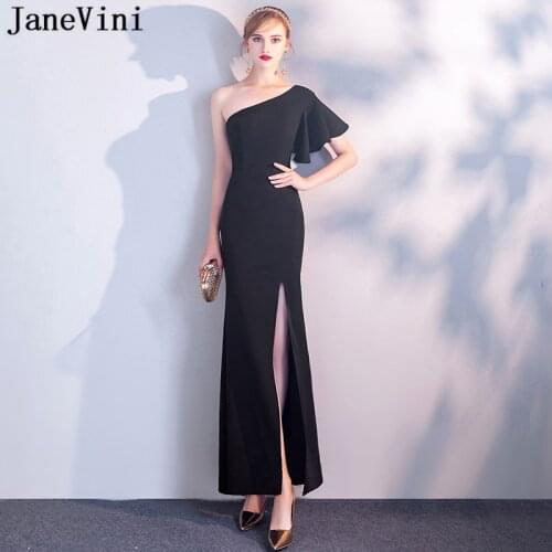 JaneVini Sexy Black Mermaid Long Bridesmaid Dresses for Women Satin One Shoulder Pleat Backless Ankle Length Guest Wedding Dress