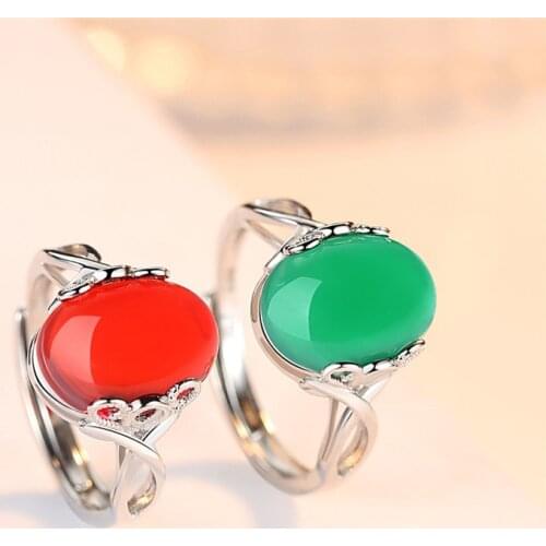 Trendy Rings 925 Silver Jewelry for Women Oval Shape Created Ruby Gemstone Adjustable Finger Ring Wedding Promise Party Gift