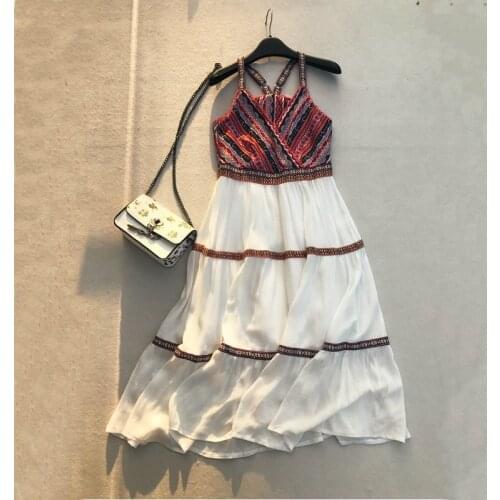 2018 summer new female Lace Embroidered printing spaghetti strap cotton stitching chiffon dress womens V-neck bohemian dresses