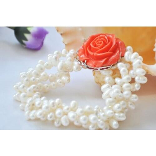 Wedding Woman Gift 4 Rows 5-8mm White Natural Freshwater Pearl Bracelet Handmade Rose Clasp Woman Jewelry