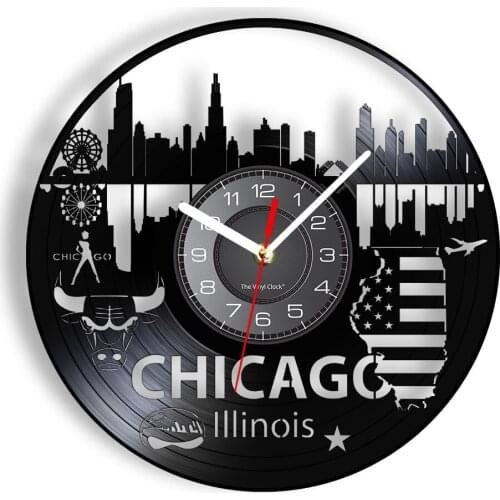 Chicago Cityscape Laser Cut Longplay Wall Clock USA Illinois Cultural Icons Matador Skyline Luminous Wall Watch Travelling Gifts