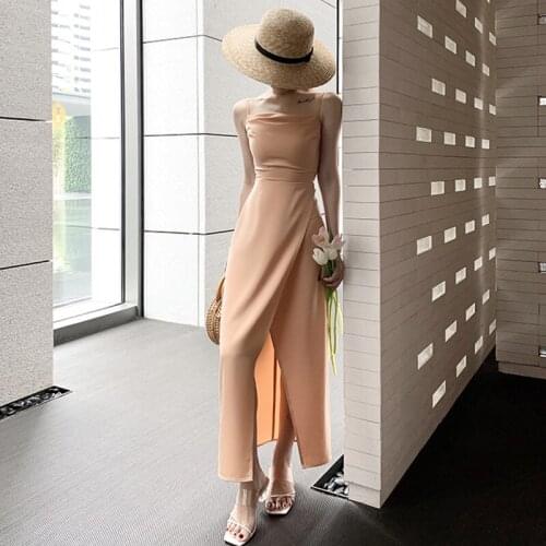 Fashion Summer Vintage Satin Long Party Dress Ladies Elegant Sexy Strap Sleeveless Acetate Imitation Silk Bodycon Vacation Dress