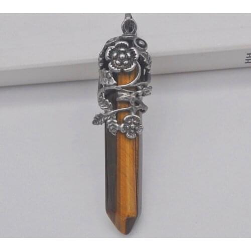 Tigereye Stone GEM Pillar Pendant Flower Plants Jewelry For Gift S237