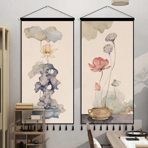 Chinese Zen Lotus Flower Living Room Wall Art Canvas Painting Print Pictures Scroll Hanging Painting Home Decor Posters Tapestry