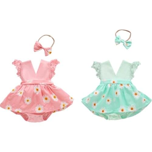 0-24M Newborn Baby Girls Boys Romper Dress Headband 2pcs Flowers Print Lace Ruffles Sleeve Jumpsuits