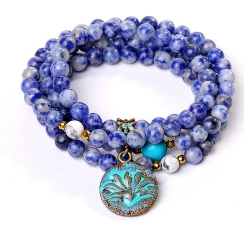 Fashion Yoga Jewelry Natural Sodalite 6mm Pulseras Femme Mala Beads Lotus Strands Elastic Bracelet For Women Accesorios Mujer