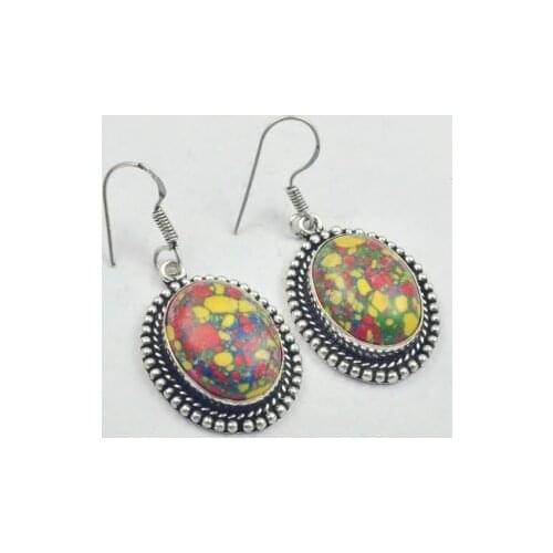 Mosaic Jaspers , Silver Overlay on Copper Earrings ,49mm , E3316