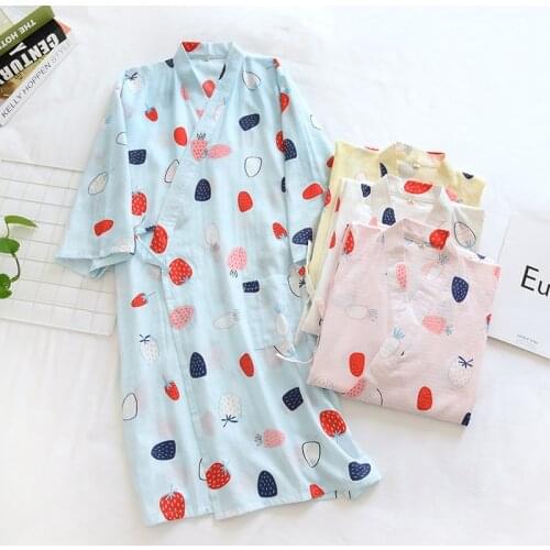 Summer Cotton Gauze Kimono Sleepwear Women Long Sleeve Robes Loose Nightgown Print Bathrobe Sleep Tops Dressing Gown