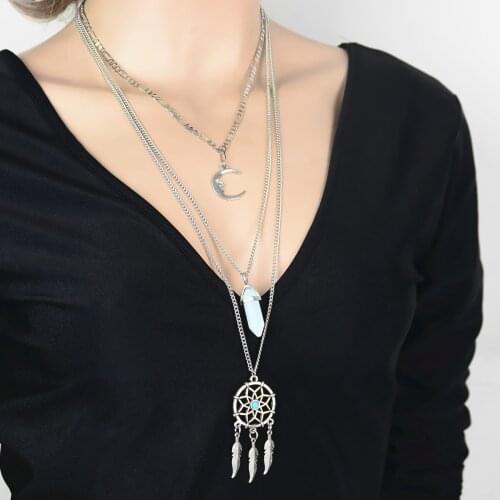 JOUVAL Boho Moon Dreamcatcher Pendant Necklace For Women Rhinestone Long Necklace Sweater Chain 2019 Statement Jewelry Collar