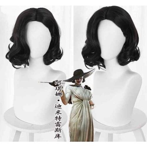 Game Village Alcina Dimitrescu Wig Cosplay Vampire Madam Village Cosplay Headwear Short Black Curly Wig Free Wig Cap