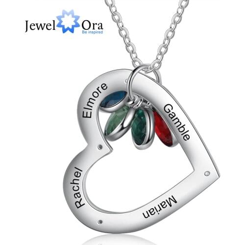 JewelOra Personalized Engraved Family Names Heart Necklace Stainless Steel Pendant Customize Birthstone Jewelry Christma Gifts