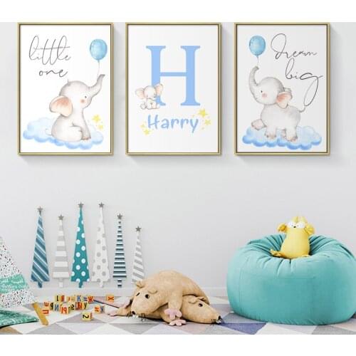 Blue Balloon Cute Elephant Print Wall Art Canvas Painting Nursery Custom Name Poster Nordic Pictures for Kids Baby Room Decor