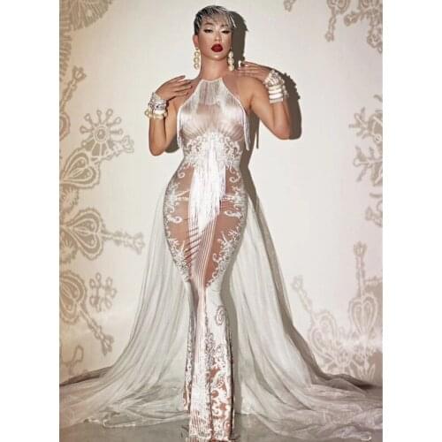 Stretch Sleeveless Vintage Print White Fringe Tail Long Dress Lady Singer Host Nightclub Concert Stage Costume Show Tassel Dress