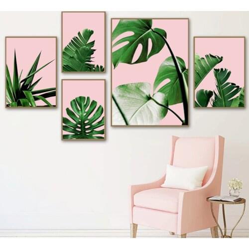 Pink Green Monstera Tropical Plant Leaves Wall Art Canvas Painting Nordic Posters And Prints Wall Pictures For Living Room Decor