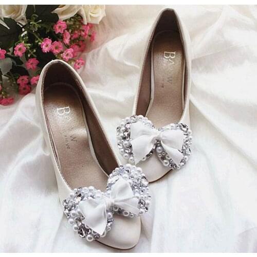 5CM middle heel luxury pearls crystal white bow wedding pumps shoes bride handmade plus size bridal bridesmaid party dinner pump