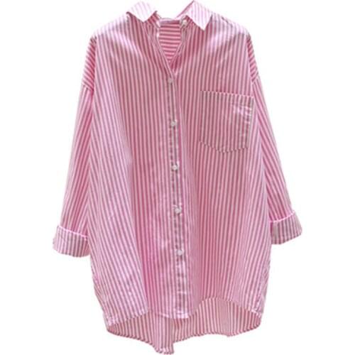 Pink Mid-Long Vertical Striped Shirt Women 2021 Spring Summer New Single-Breasted Front Short Back Long Shirt Female Jacket R144