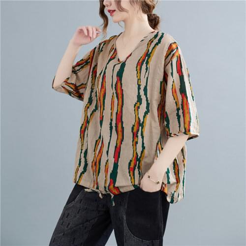 2021 New Arrival Vintage Summer T Shirts Fashion Plaid Loose Women Tops Casual T Shirt Soft Cotton Linen Female Tees Shirts